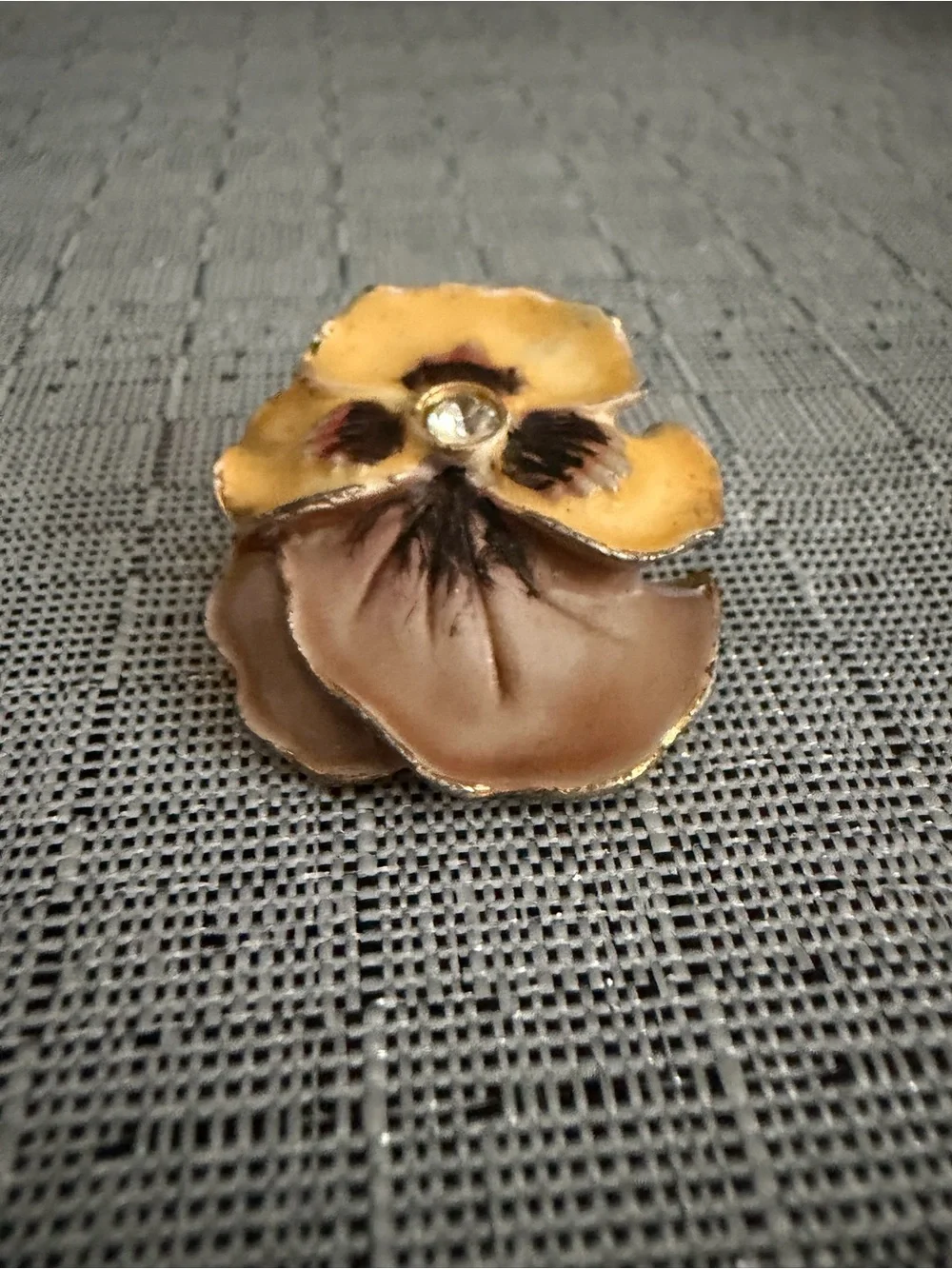 Vintage Pansy Flower Brooch - Yellow and Brown with Rhinestone Center
